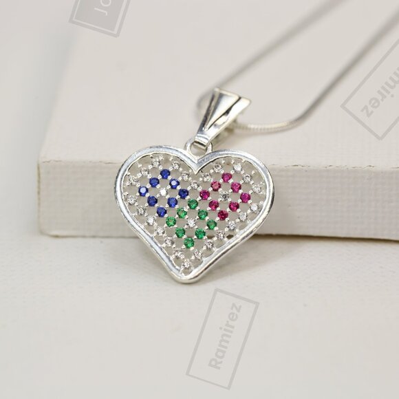 925 Sterling Silver Multicolor Heart Pendant with Chain • 18" Snake Necklace. - Picture 1 of 7